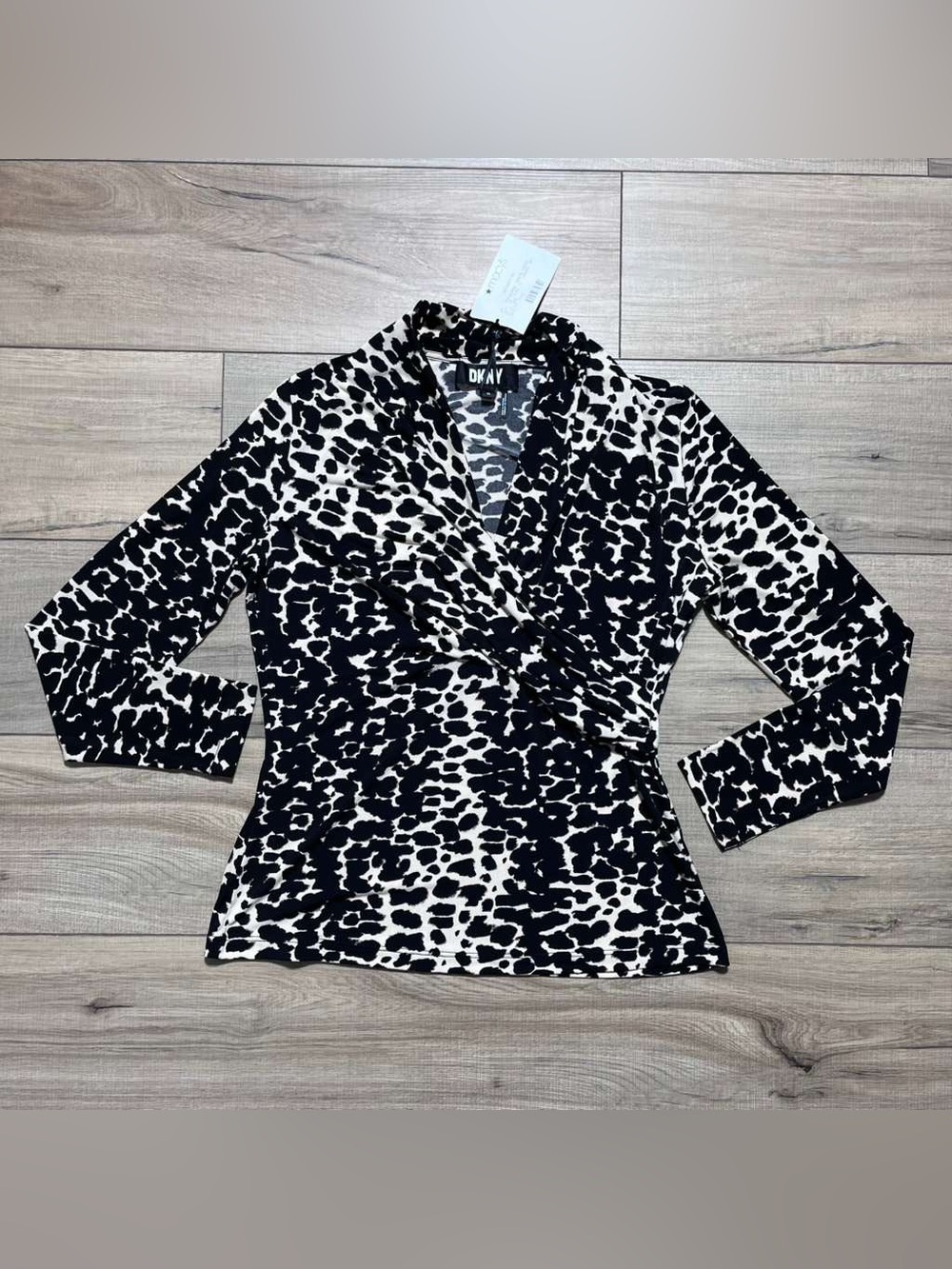 DKNY Women's Petite Leopard Print Surplice Top Size Petite Small Cream And Black
